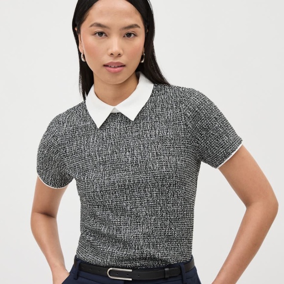 RW&CO. Short-Sleeve Top with Shirt Collar Black and White Size L - Picture 1 of 9